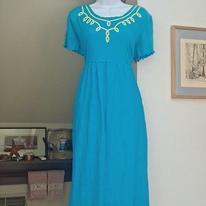 Stan Herman Turquoise Short Sleeve Empire Waist Midi Dress Yellow Accents